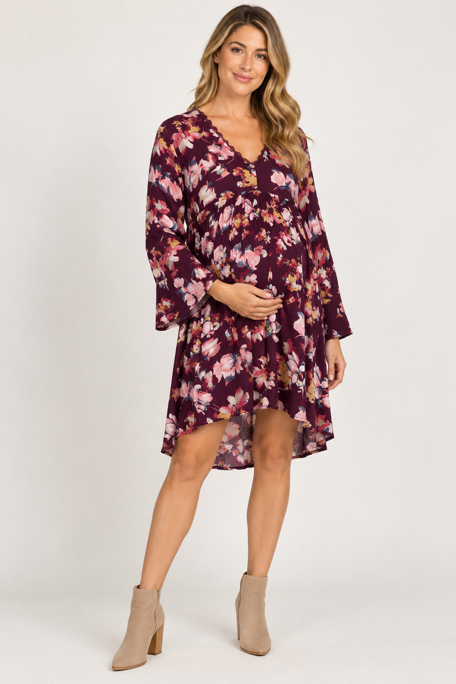 Gigio Maternity Dress Size S Floral Flare Sleeve V-neck Babydoll Rayon Boho Chic